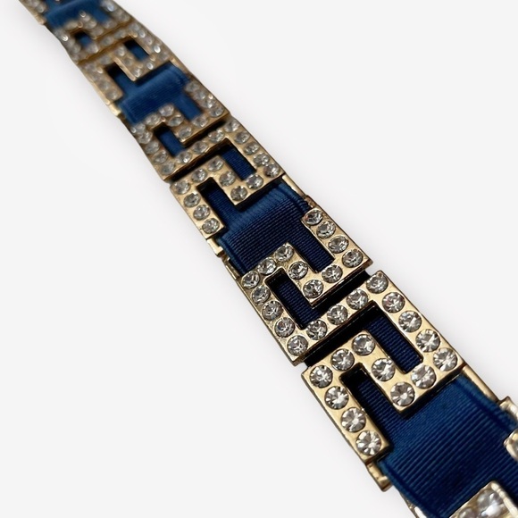 Vintage 80s Rhinestone Greek Key Blue Stretchy Belt - Picture 9 of 12